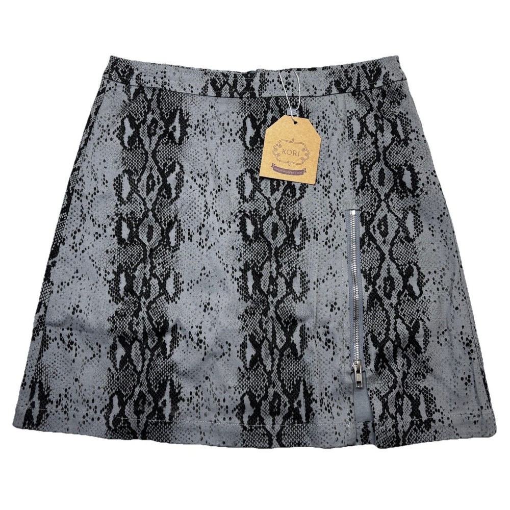Kori America‎ Snakeskin Print Mini Skirt Women Small Gray Black Zip Detail
